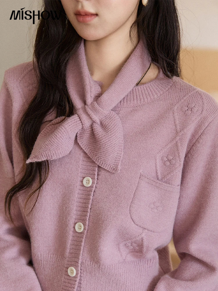 MISHOW Detachable Scarf Sweater for Women 2025 Autumn Winter Taro Purple Casual Warm Tops Soft Thick Knitted Sweater MXE91Z2825