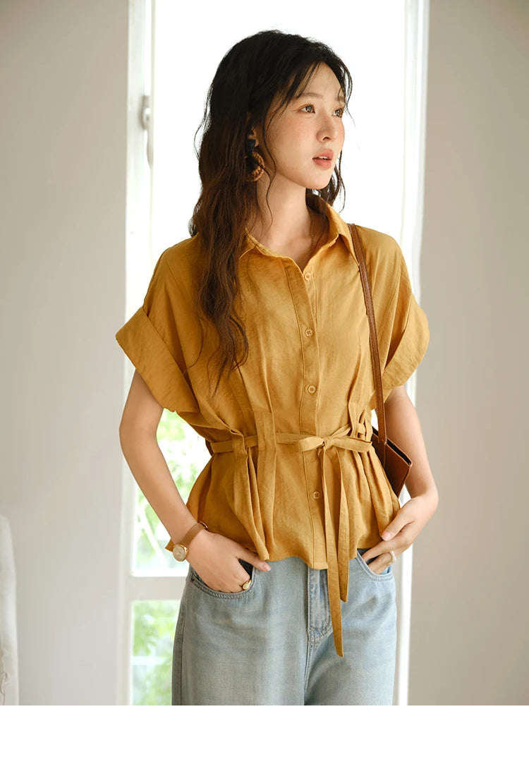 MISHOW Women's Casual Shirt 2025 Summer New Lace Up Button Turn-Down Collar Top Retro Orange Shirt Women's Clothing MXE37C0809