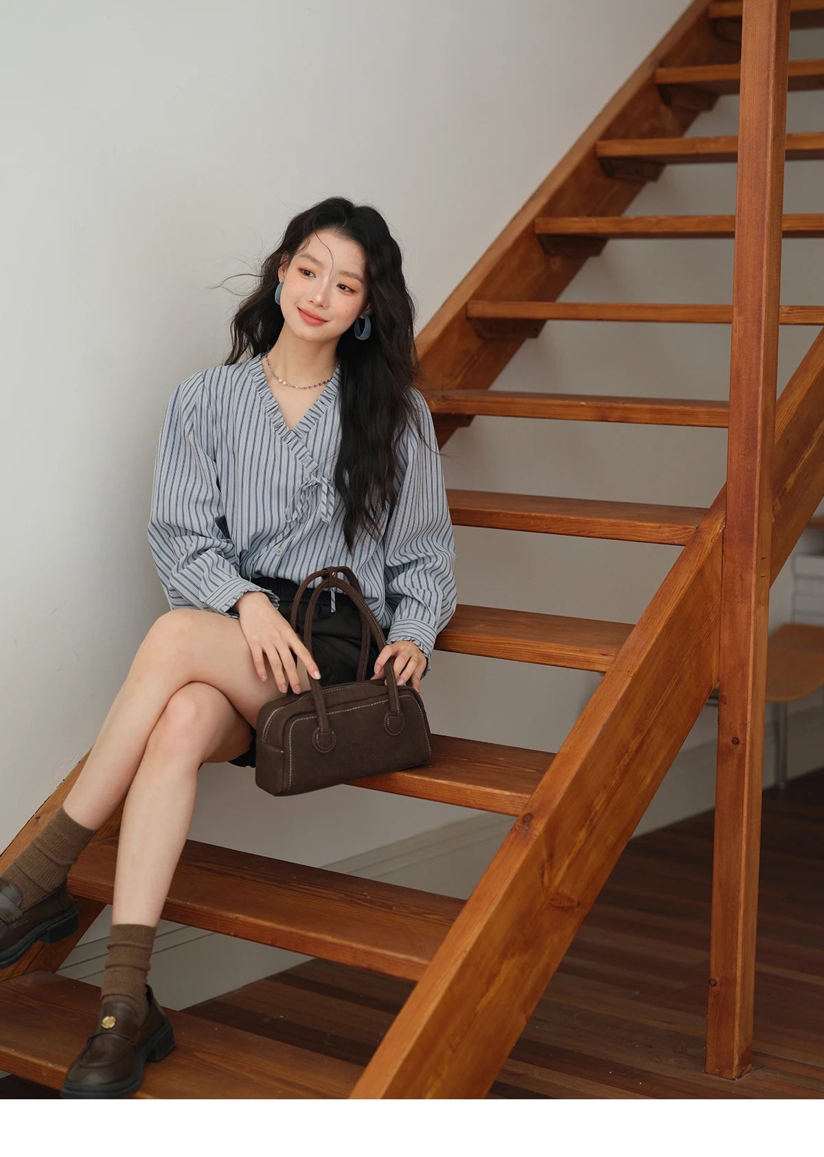 MISHOW Blue Striped Peach Skin Velvet V-neck Shirts for Women Autumn 2025 Asymmetrical Lace-up Commuting Casual Shirt MXE42X2472