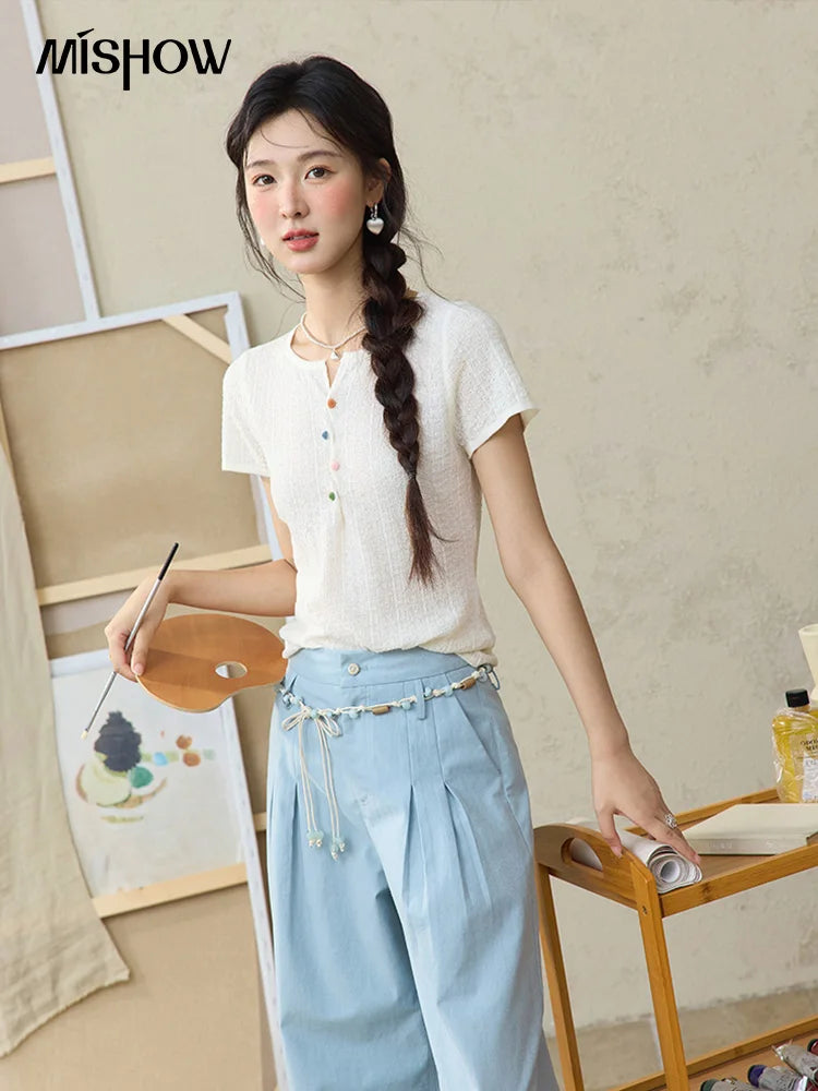 MISHOW Short Sleeved Knitted T-shirt for Women Summer 2025 Twisted Design Dopamine Button Tees Slim Breathable Top MXE34Z1243