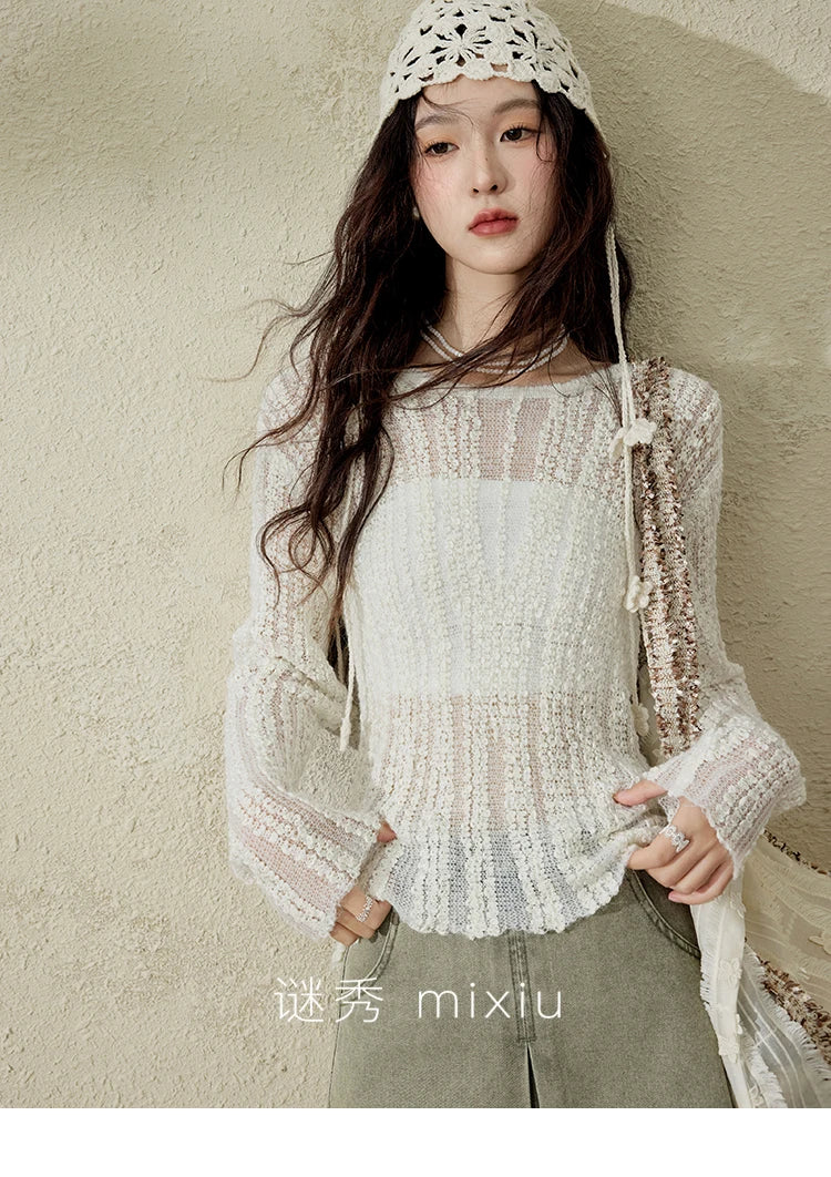 MISHOW Women 's Apricot White Hollow Knitted Sweater Spring 2025 Mohair Cover Drop Sleeve Top Strapless Slim Tube Top MXE12Z1120