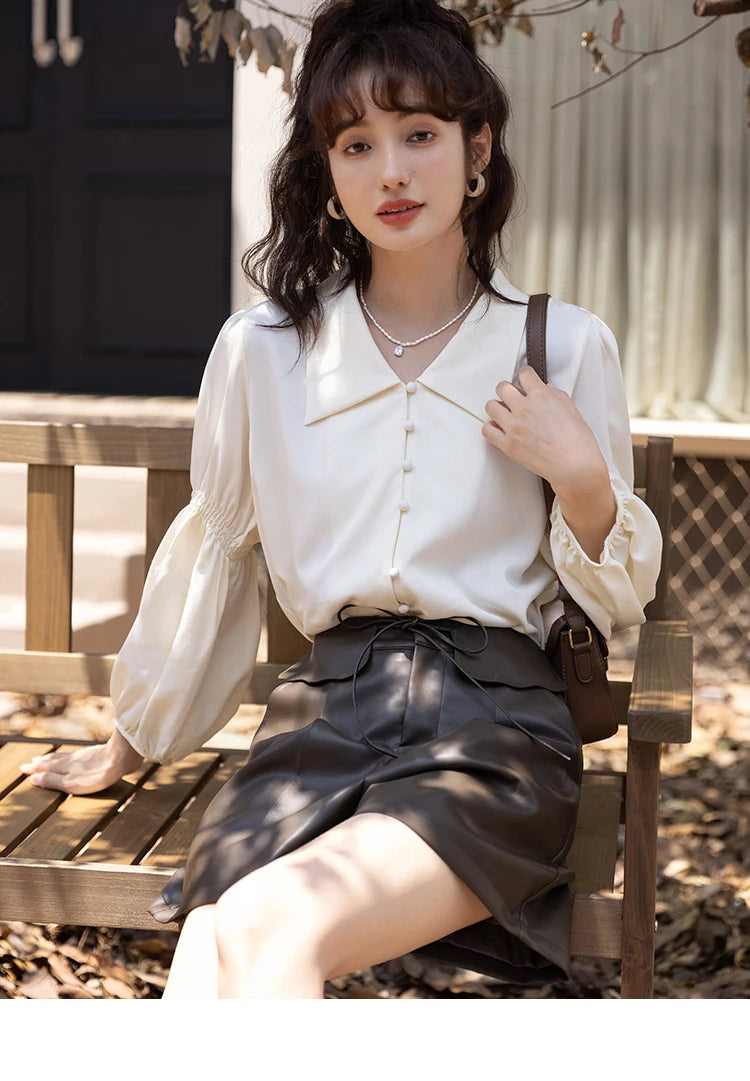 MISHOW Elegant Women's Blouse Autumn Vintage French Lantern Sleeves Turndown Collar Shirt Office Lady Female Clothing MXB32C0508
