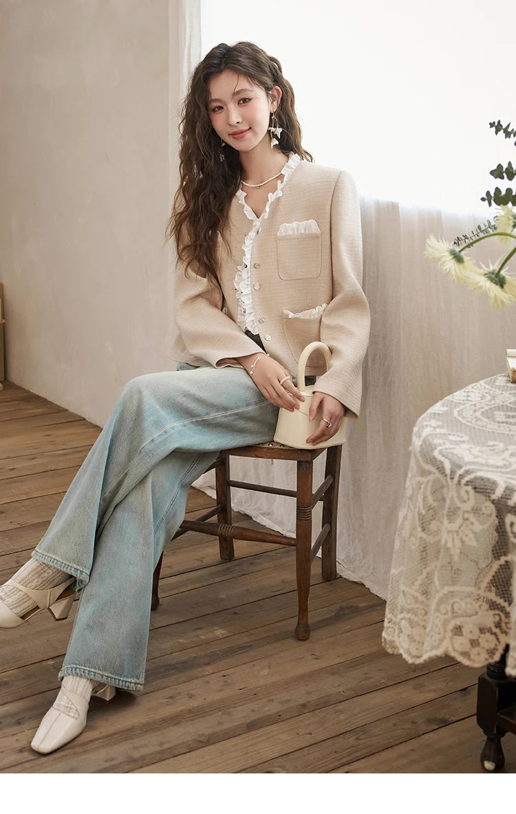 MISHOW French Fragrant Coat Solid Skirt Separately 2025 Spring Collar Pocket Splicing Lace Top Hem Split Back Skirt MXD12W0274