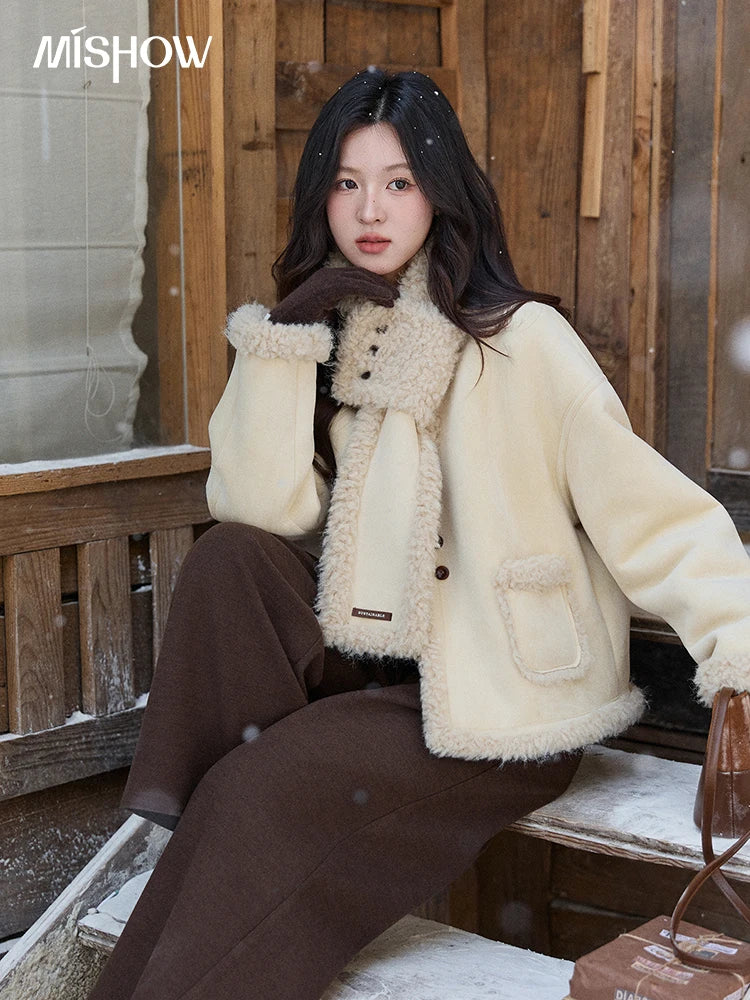 MISHOW Women's Cream Yellow Faux Suede Coat 2025 Winter Included Scarf Thickened Coats Soft Fleece Lined Outerwear MXE91W1019