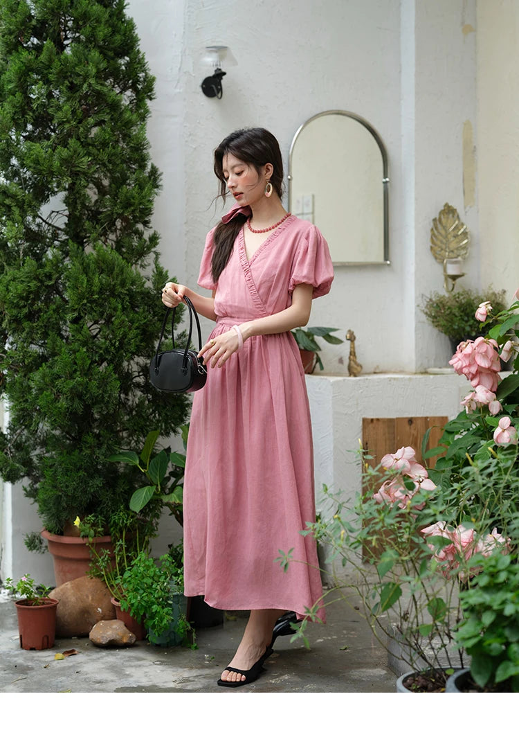 MISHOW Summer Fashion V-neck Dress Woman 2025 New Puff Sleeve Sashes Elegant Pocket Vacation Dresses Ladies Clothing MXE39L2381