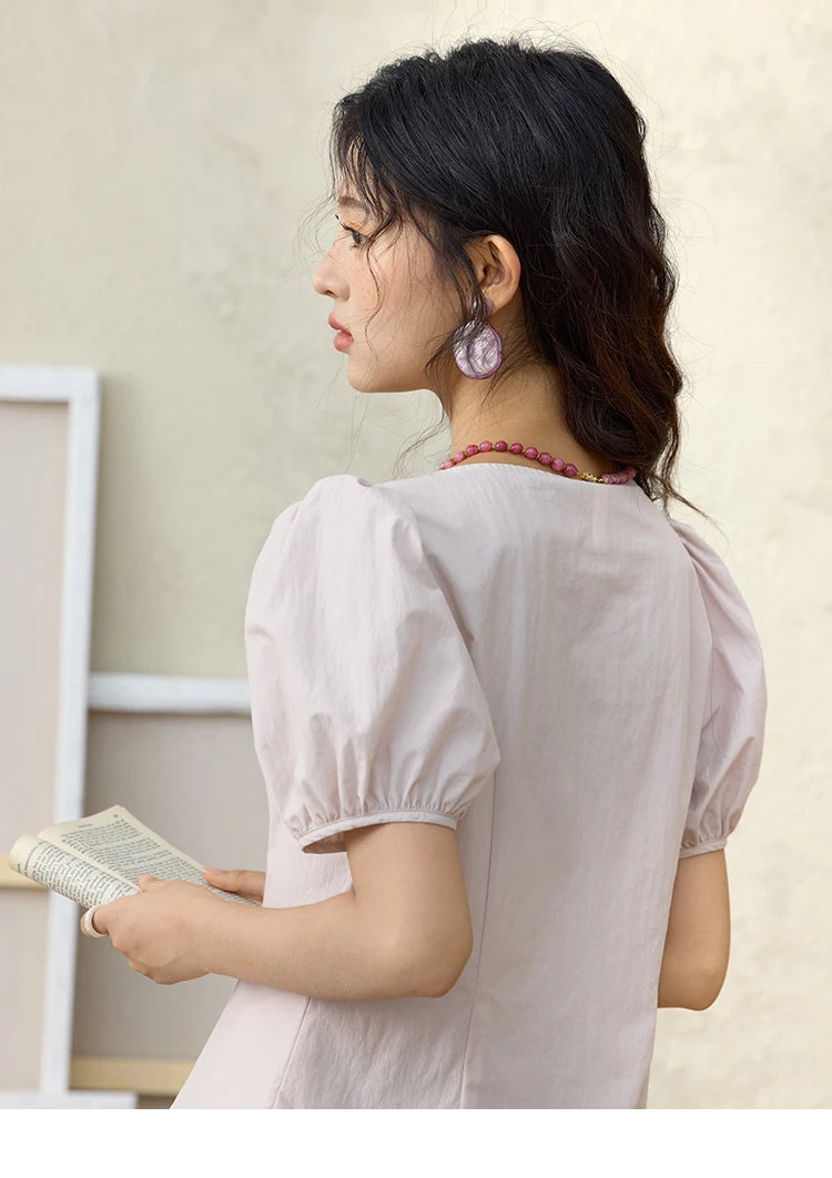 MISHOW Bubble Sleeves Blouses for Women Summer 2025 Irregular Placket Tops Rainbow Button Solid Blouse Office Lady MXE34X1782