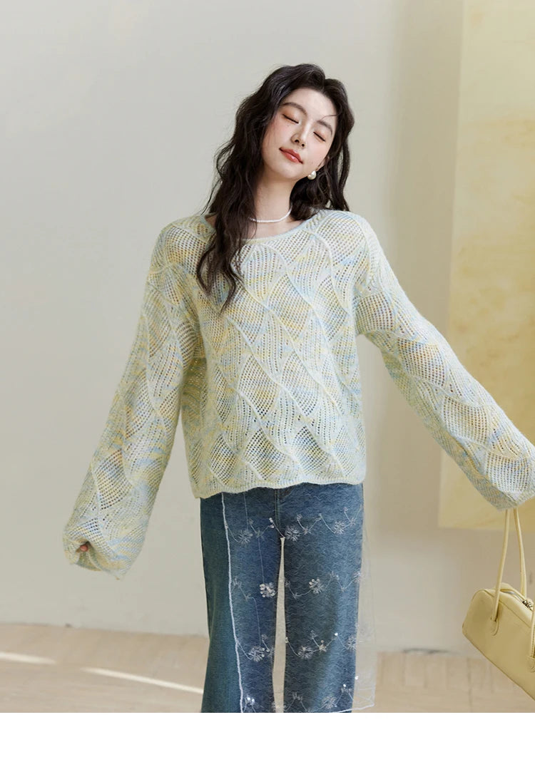 MISHOW Women's Hollow Knitted Sweater 2025 Spring Loose Thin Dropped Shoulder Top Wool O Neck Hem Wavy Edge Sweaters MXE14Z1208