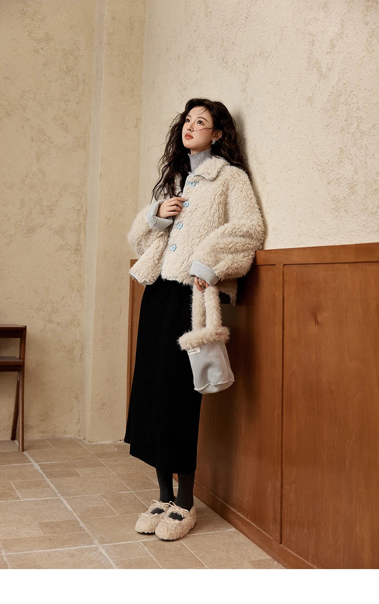 MISHOW Lamb Wool Jacket Women Suede Plush Thick Coat Spliced Turn-Down Collar Sweet Soft Senior Jacket Office Lady MXD59W0753