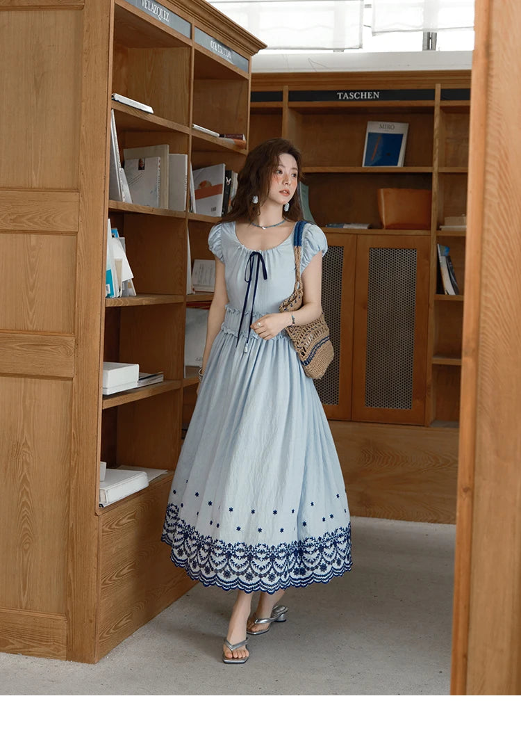 MISHOW Women's Bohemian Embroidery Dress 2025 Summer Ladies Fashion V-neck Lace Up Flower Bud Sleeve Blue Long Dress MXE36L2244