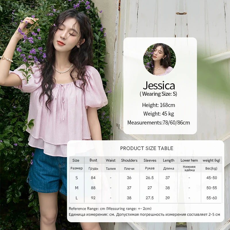 MISHOW French Square Neck Tied Lantern Sleeve Blouses 2025 Summer Double Layered Hem Puff Sleeve Solid Sweet Tops MXD26X1551