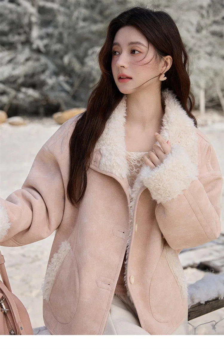 MISHOW Women's Double Sided Wearing Jacket 2025 Winter Lamb Wool Lapel Coat Warm Windproof Commuter Coat with Pockets MXE91W1015