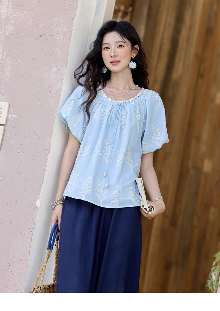 MISHOW Blue Pure Cotton Embroidered Blouses 2025 Summer Wave Edged O-neck Tops Contrasting Lace Up Loose Doll Blouses MXE35X1791