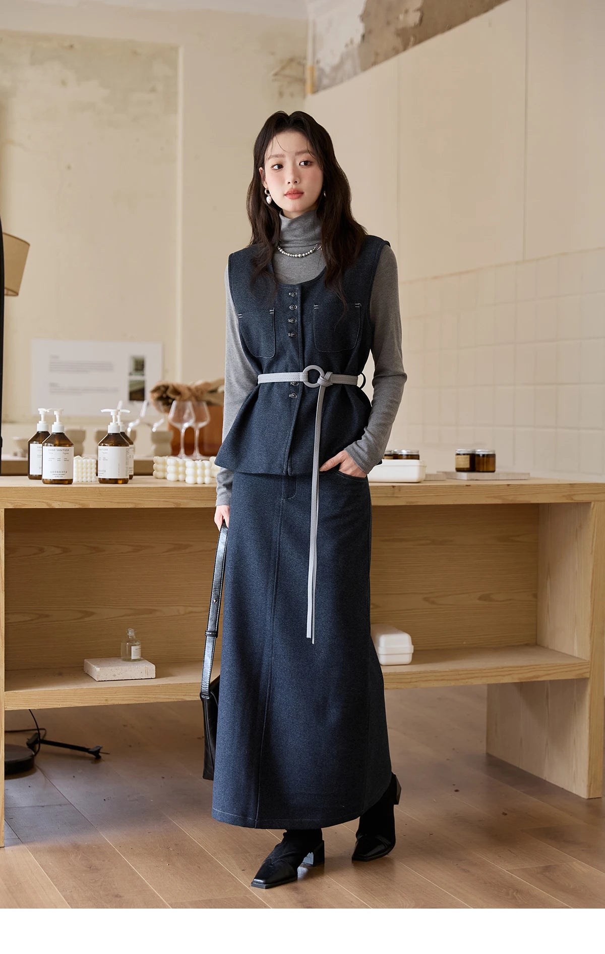 MISHOW Blue Three-piece Suit for Women 2025 Autumn Sleeveless Vest Straight Midi Skirt Slim Knit Tops Skirt Set MXE49T1421