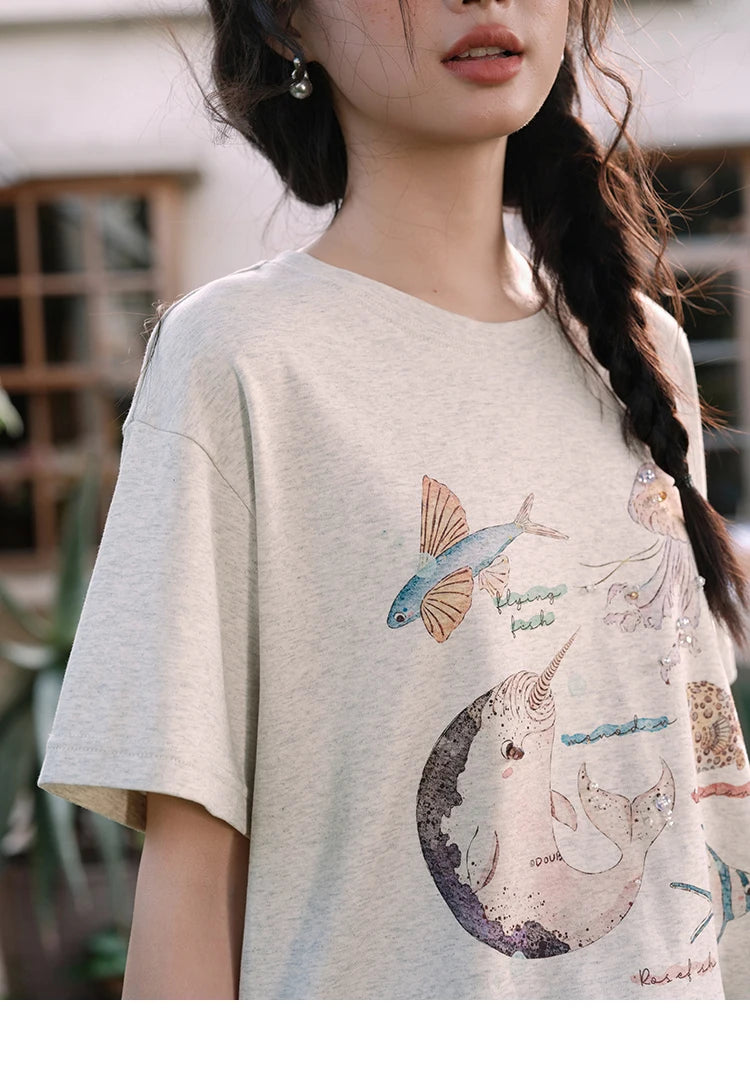 MISHOW Fashion Print T-shirts for women 2025 Summer New O-Neck Loose Casual Short Sleeve Cotton Top Female Clothing MXE36T0575