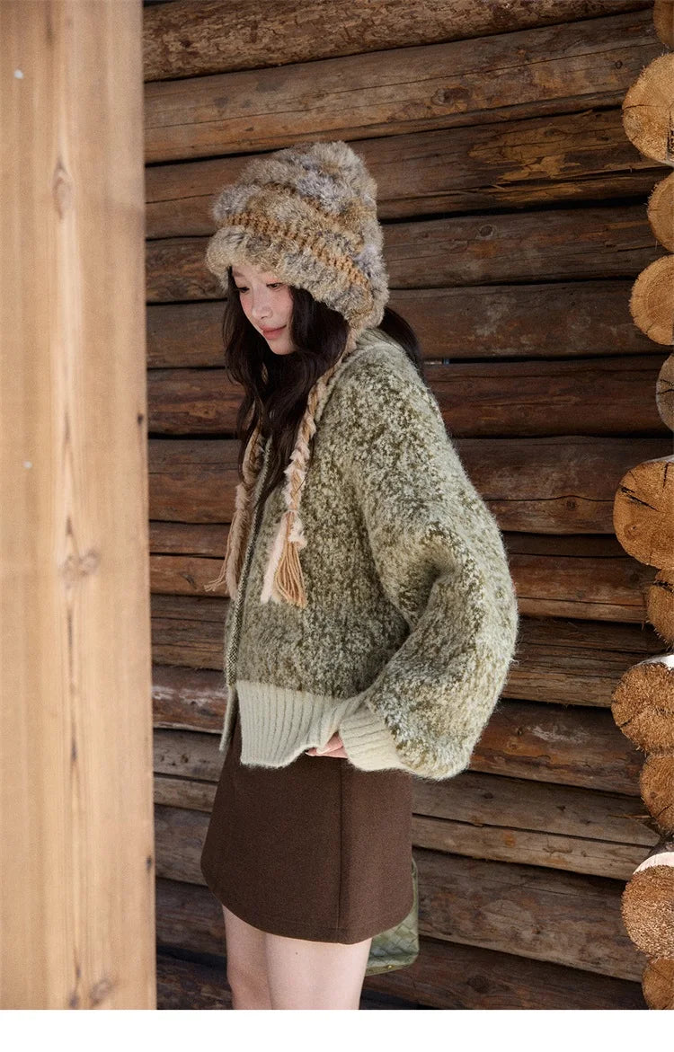 MISHOW Women's Green Retro Mottled Sweater Winter 2025 Casual Stand-up Collar Batwing Sleeves Knitted Cardigan tops MXE90Z2787