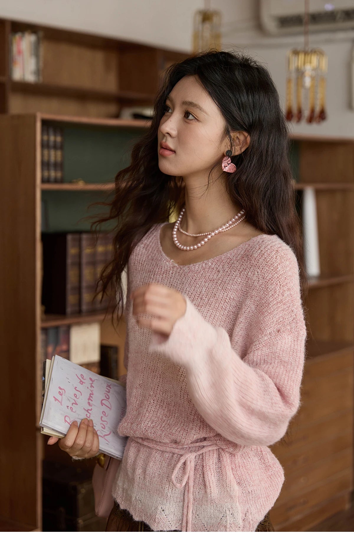 MISHOW Women's Pink Gradient Knitted Top 2025 Autumn French Wool Blend Ribbed Cuff Long Sleeve Tops with Knitted Rope MXE43Z1334