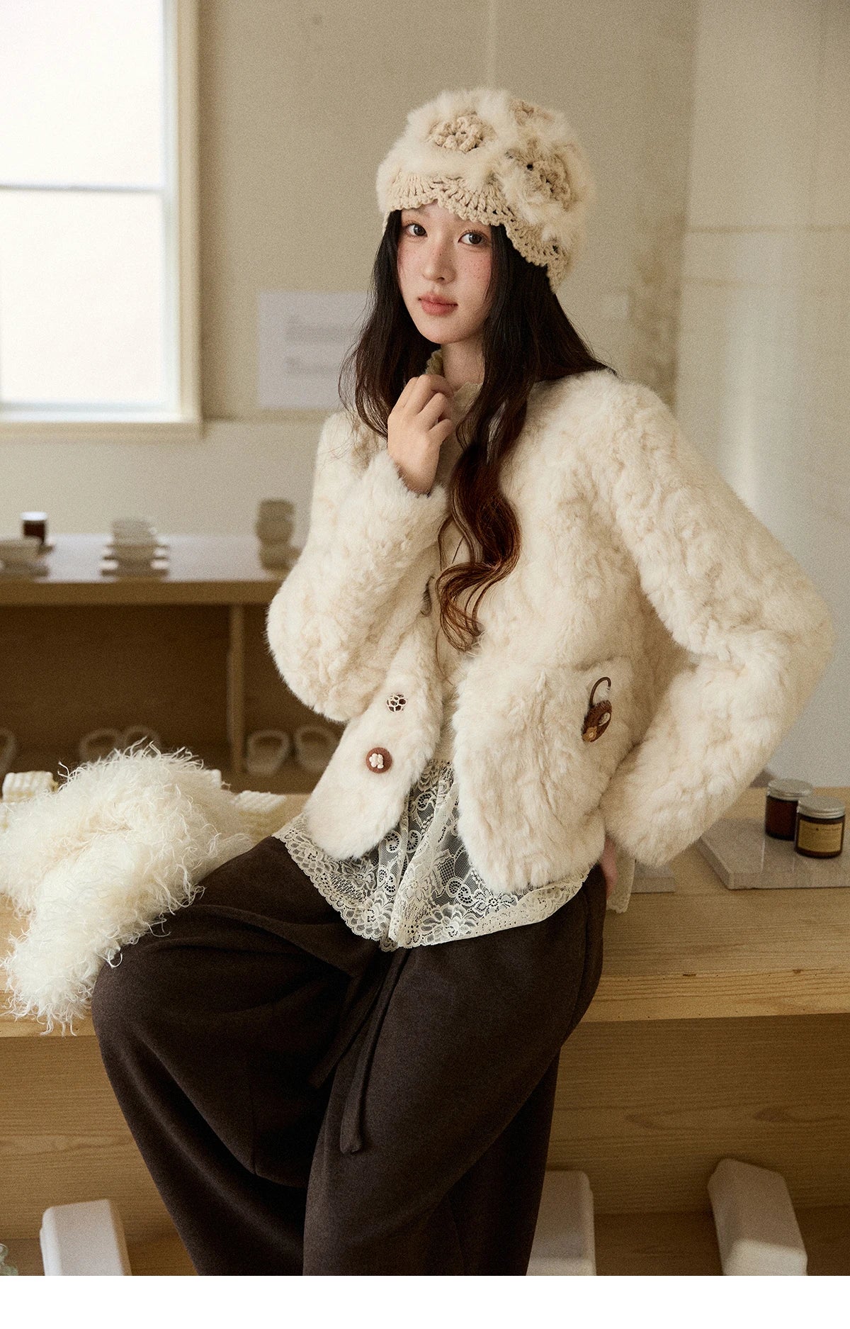 MISHOW Women's Winter Jacket 2025 Sweet Pink Faux Rabbit Fur Coat with Pockets Handcrafted Vintage Buttons Outerwear MXE87W0990