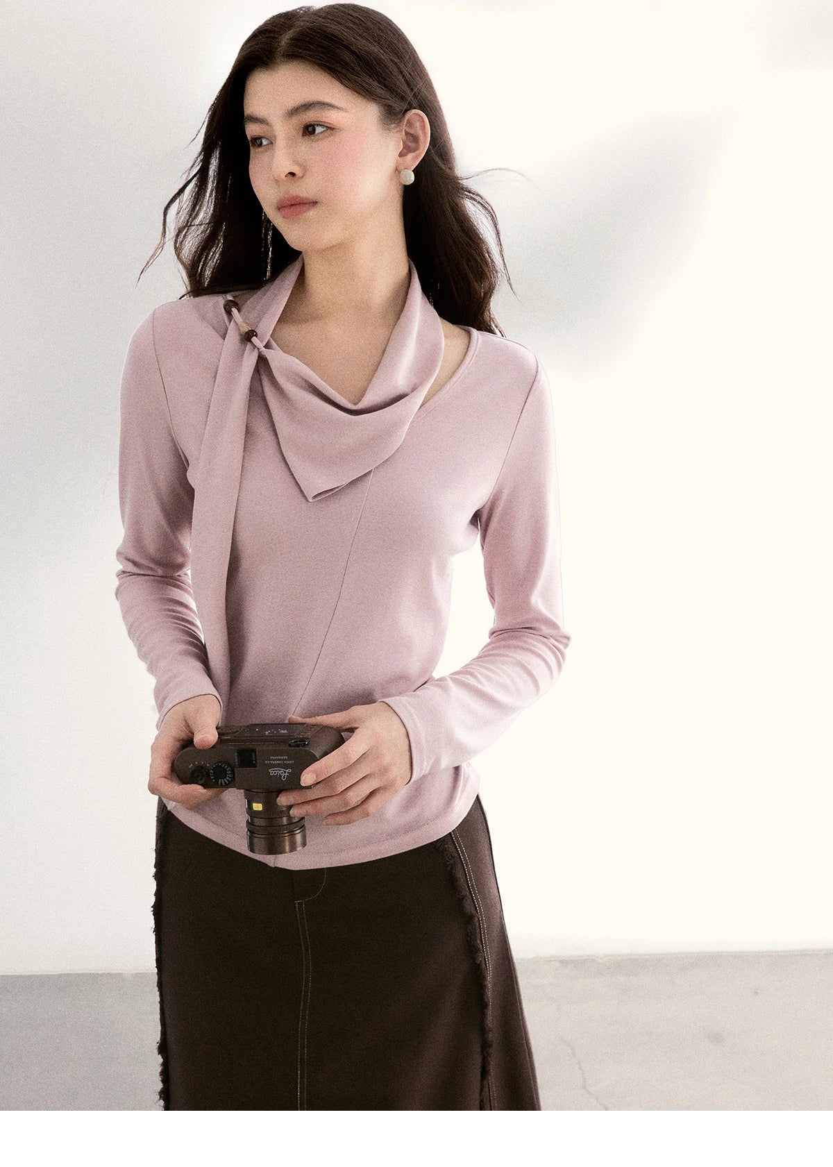 MISHOW Women's Scarf Neck Pink Long Sleeve Top 2026 Spring Color Collision Bead Asymmetrical Tops Knitted Sweaters MXF108Z1025