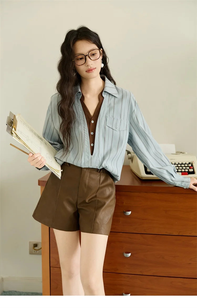 MISHOW Peach Skin Velvet Stripe Shirt for Women Autumn 2025 Double Layered Collar Contrasting Color Shirt Commute Top MXE47C2408