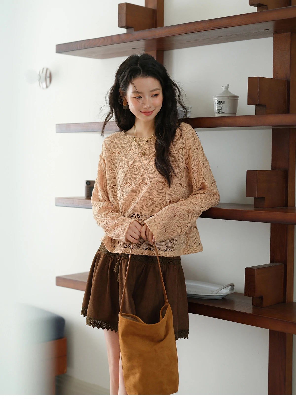 MISHOW Women's Diamond Patterned Knitted Top 2025 Autumn Bohemian Hollowed Out Thin Top Scoop Neck Knitted Sweaters MXE42Z1332