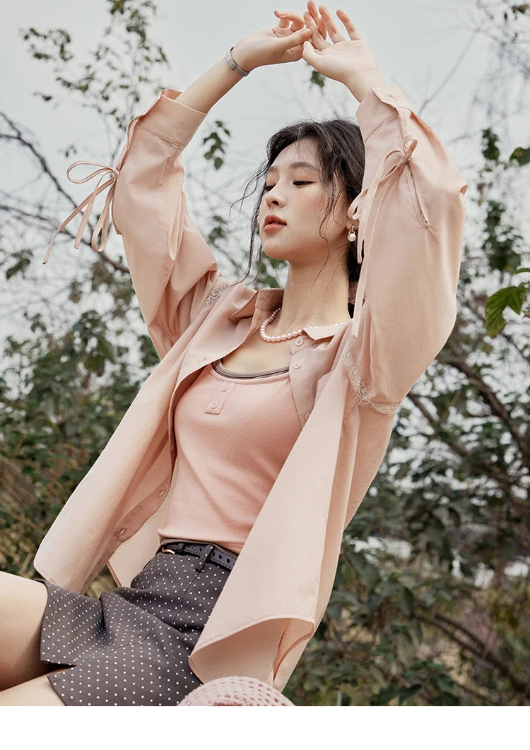 MISHOW Pink Long Sleeve Shirt for Women Spring 2025 Korean Splicing Lace Bow Tie Shirt Polo-neck Solid Versatile Tops MXE16C0767