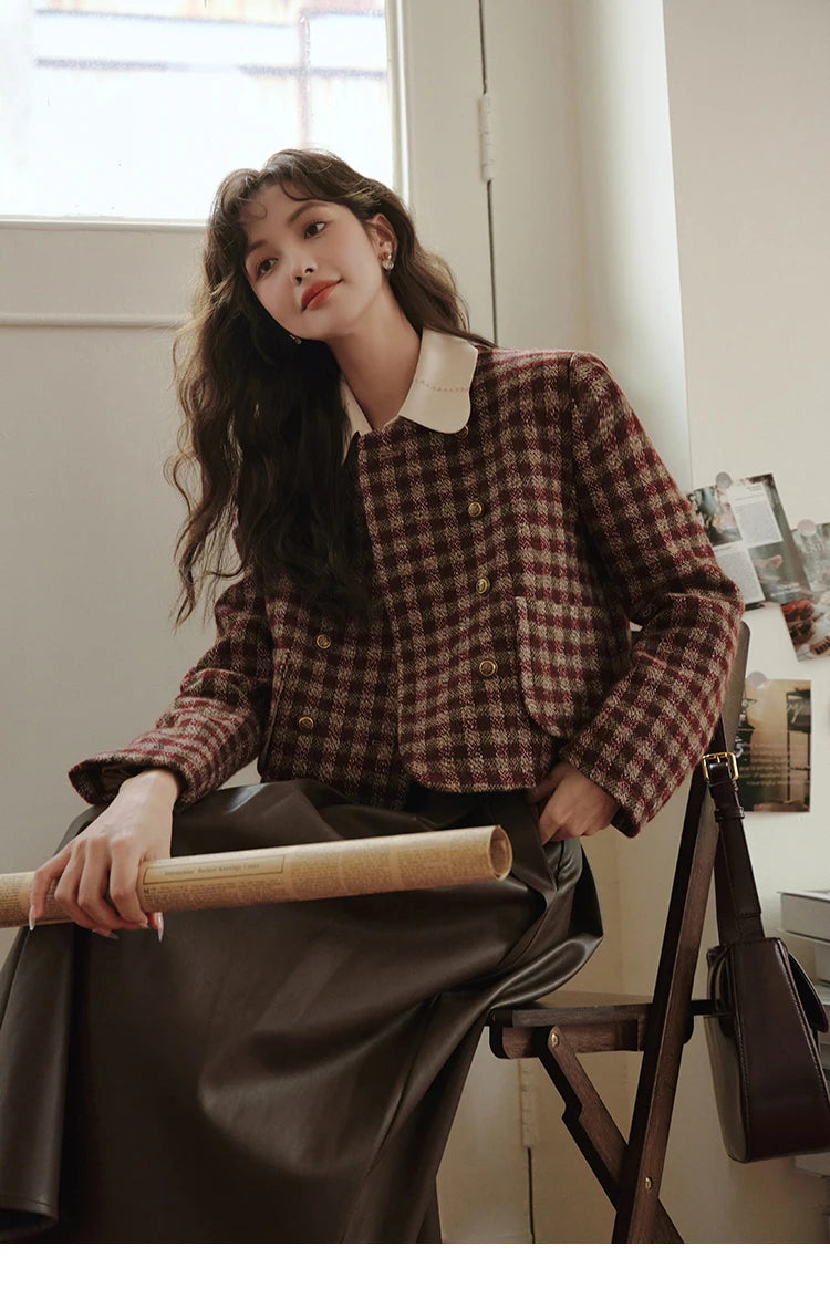 MISHOW Women's Vintage Plaid Coat 2024 Autumn French Single Breasted Crew Neck Crop Woolen Tops Office Lady Outerwear MXC48W0175