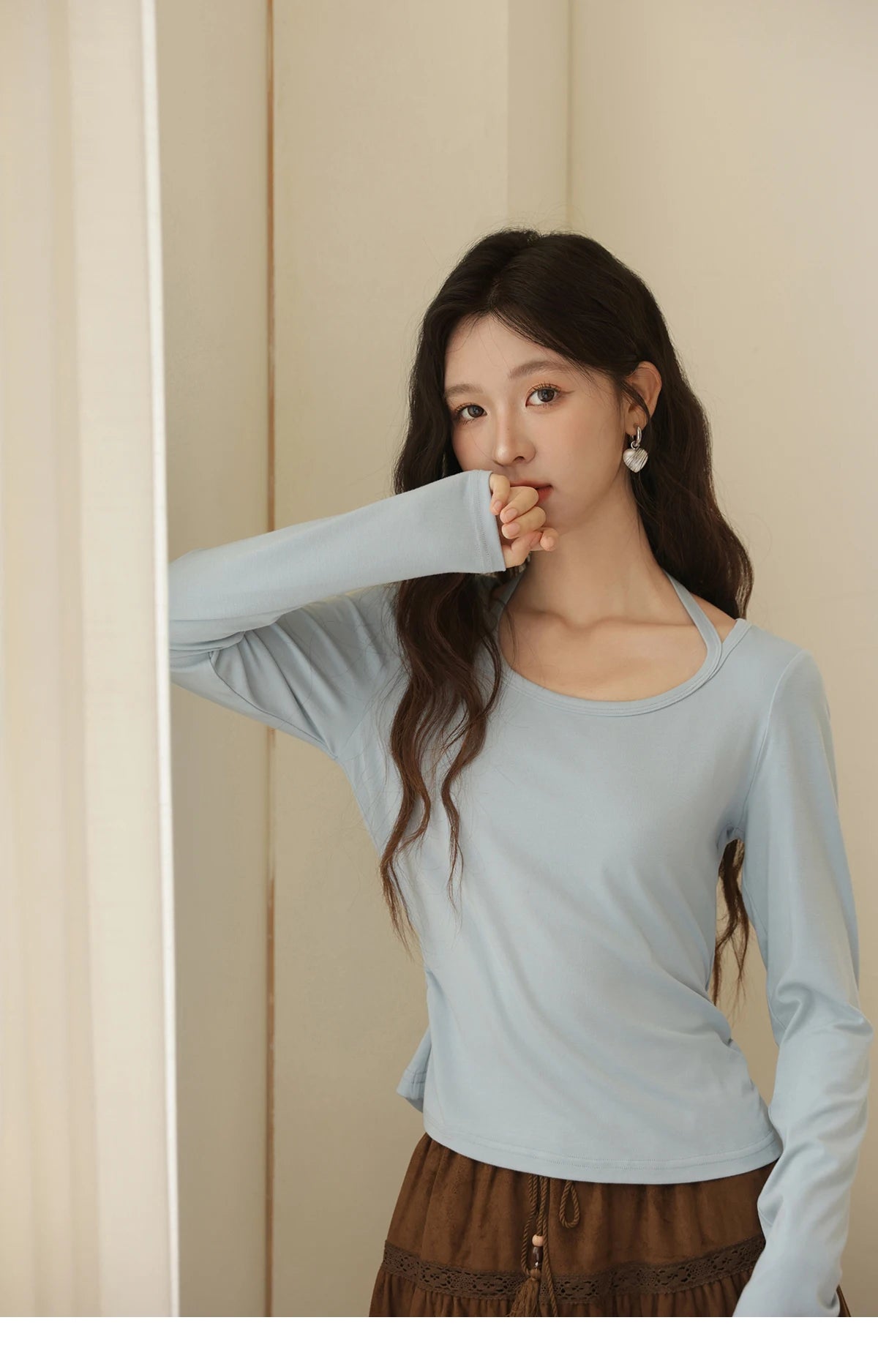 MISHOW Elastic Knitted T-shirts for Women Autumn 2025 Hanging Neck Strap Tees Pleated Waist Slim Long Sleeved Top MXE42T0720