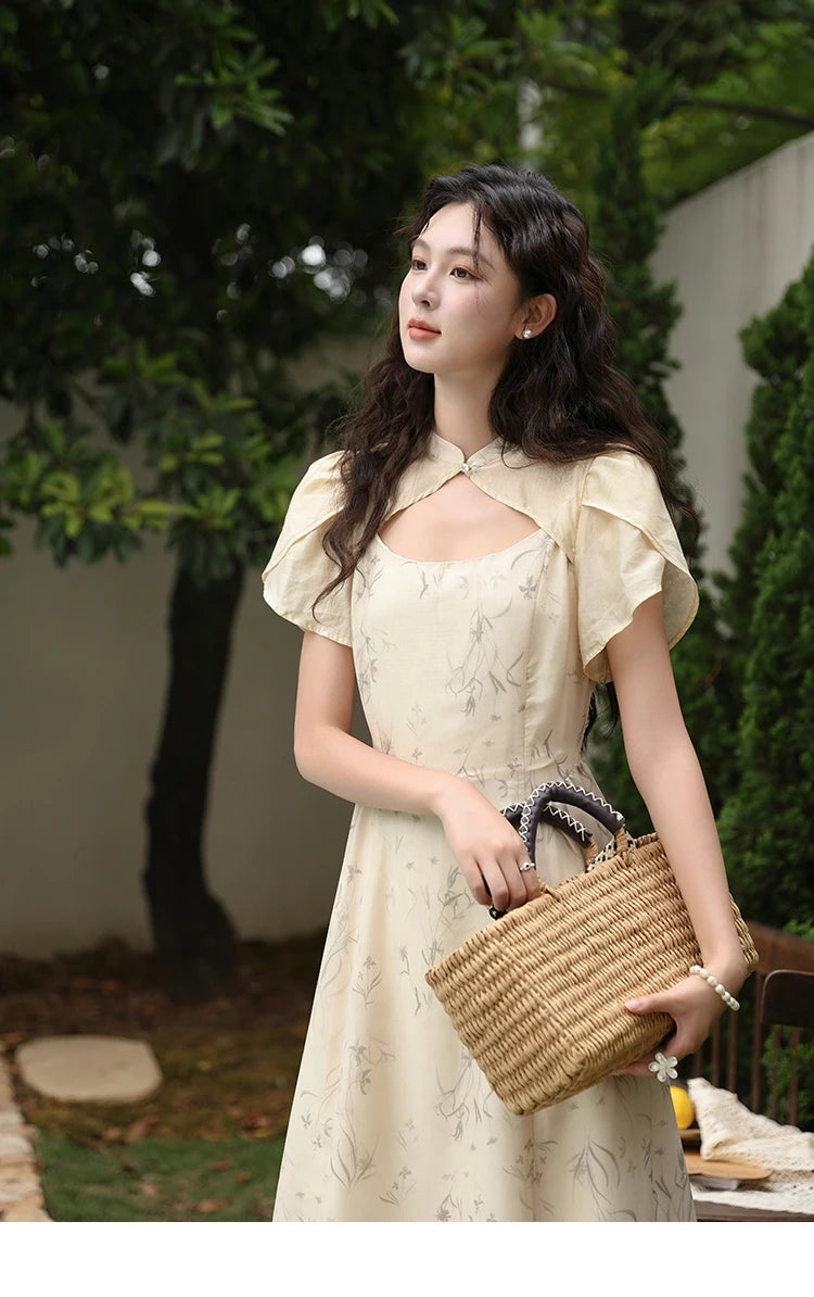 MISHOW Chinese Improved Cheongsam Floral Dress for Women 2024 Summer Hollow Out Fake Two-piece Printed Chiffon Dress MXD23L1799