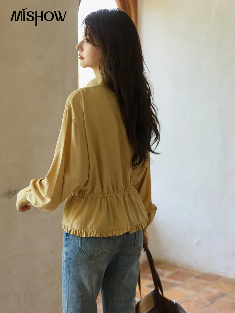 MISHOW Autumn French Drawstring Waist Shirt 2025 Yellow Hem Lotus Leaf Top Female Lapel Lantern Sleeve Commuter Shirt MXE42C2368