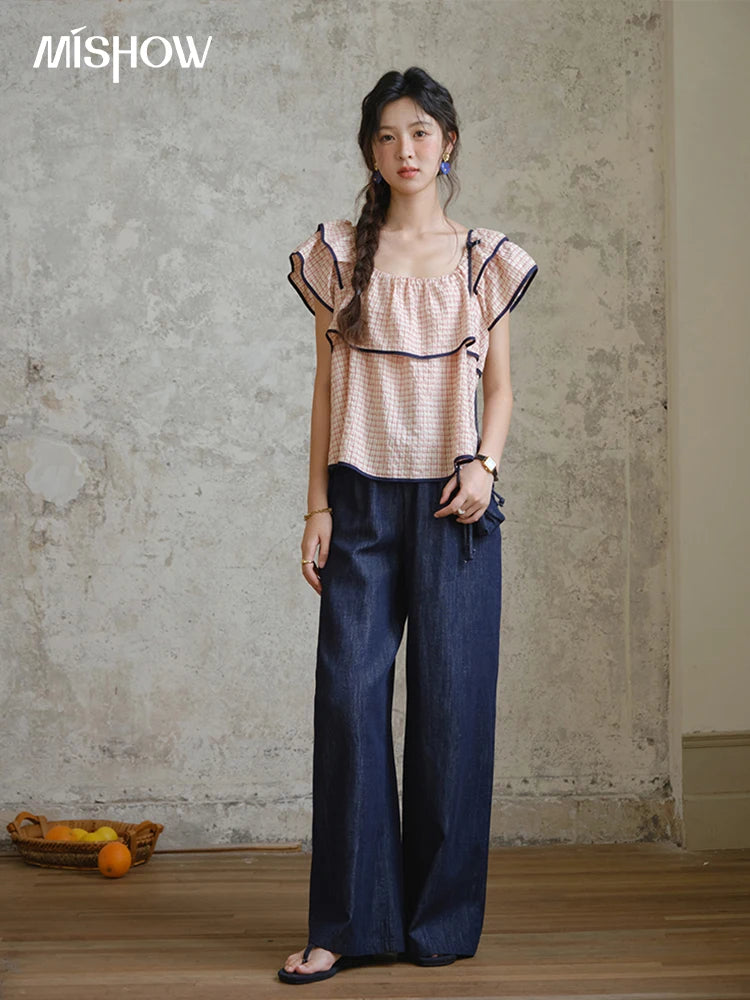 MISHOW Two-Piece Ladies Set Square Neck Ruffles Plaid Blouse High Waist Slim Wide Leg Casual Pants Set 2025 Summer MXE36T0636