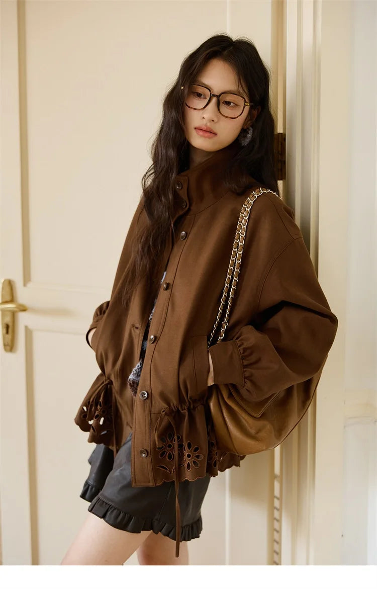MISHOW Hollow Embroidered Trench for Women Autumn 2025 Drawstring Waist Coffee Jacket Lapel Single Breasted Coat MXE48W0855