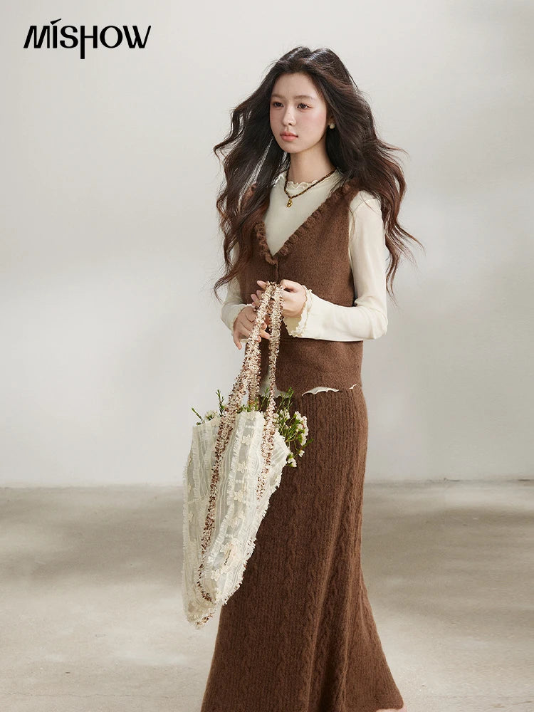 MISHOW Women's Brown Two-Piece Set 2026 Spring Knitted Vest V-Neck Cable Knit Maxi Skirt Casual Retro Warm Outfit MXF11T1460
