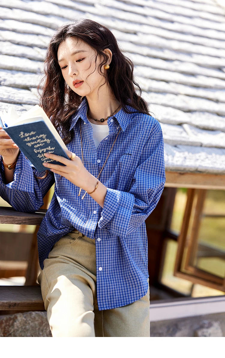 MISHOW Fashion Retro Blue Checkered Shirt Women's Autumn New Loose Casual Lapel Cotton Shirts Long Sleeves Tops Women MXE11C0398