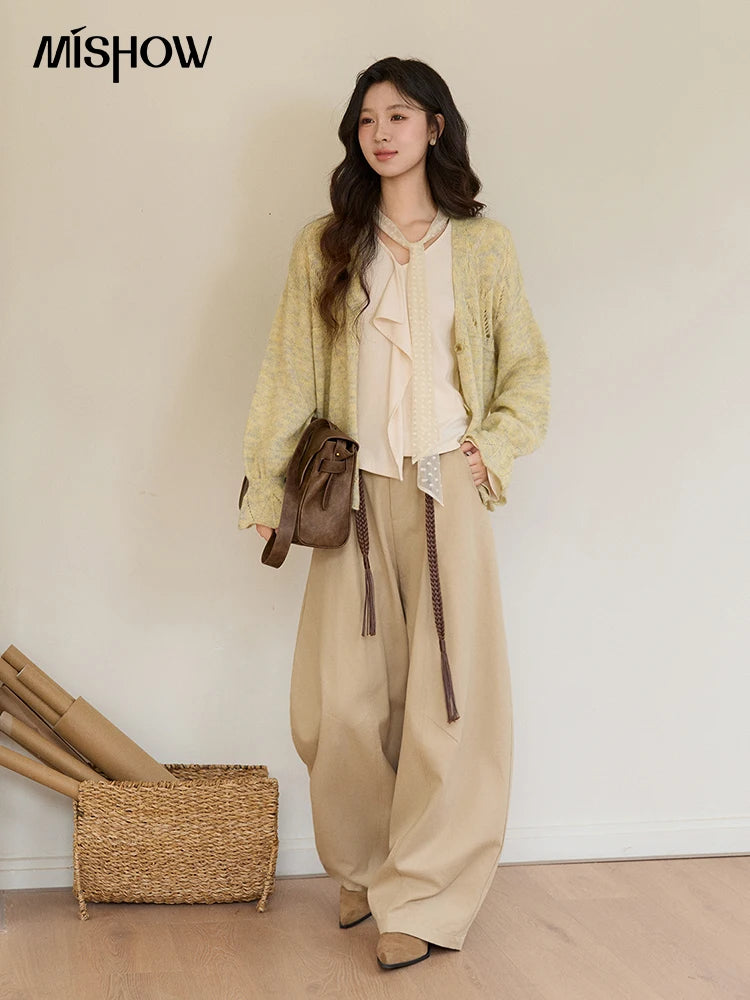 MISHOW Women's Marled Yellow Mohair Knit Cardigan 2026 Spring V-Neck Flare Sleeve Cardigans Casual Loose Sweater MXF108Z1021