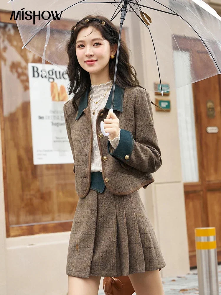 MISHOW Fashion Retro Plaid Coat Half pleated Skirt Separately 2024 Autumn Wool Jacket Retro Skirt Office Lady MXC47W0154