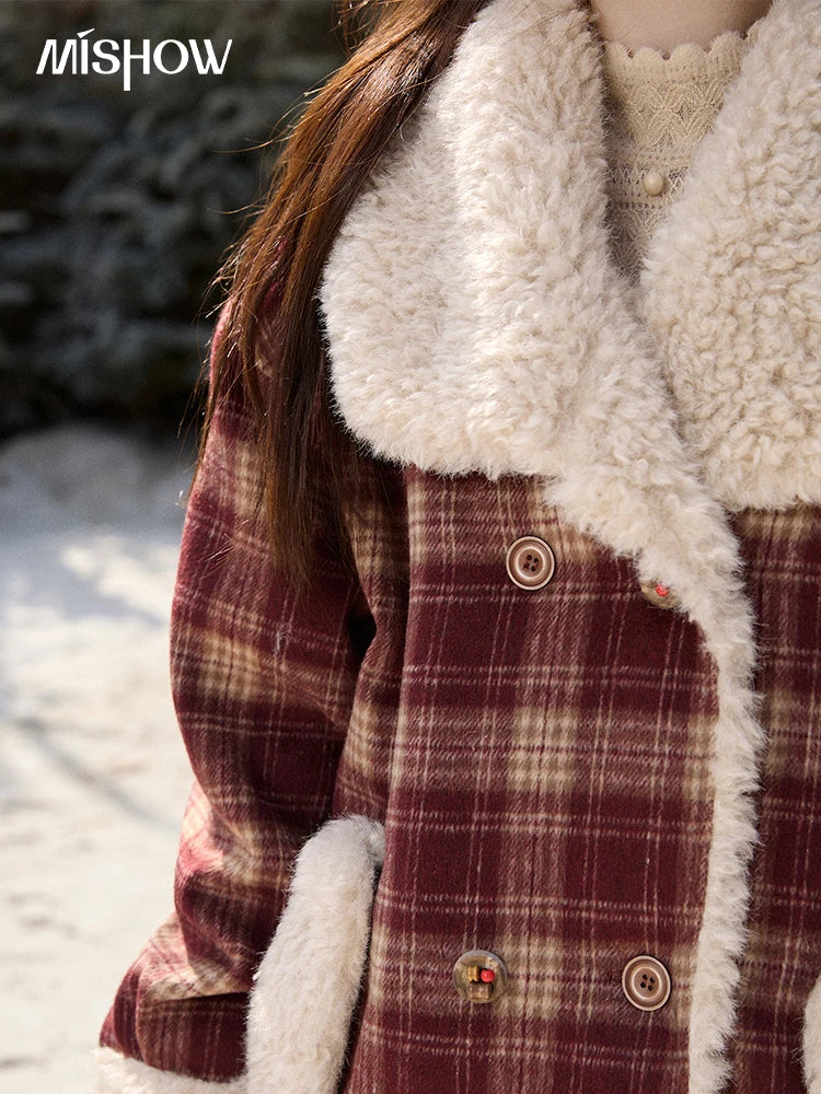 MISHOW Christmas Women's Retro Plaid Jacket 2025 Winter Large Lapel Tops Thickened Cotton-Padded Warm Short Coat MXE87W1004