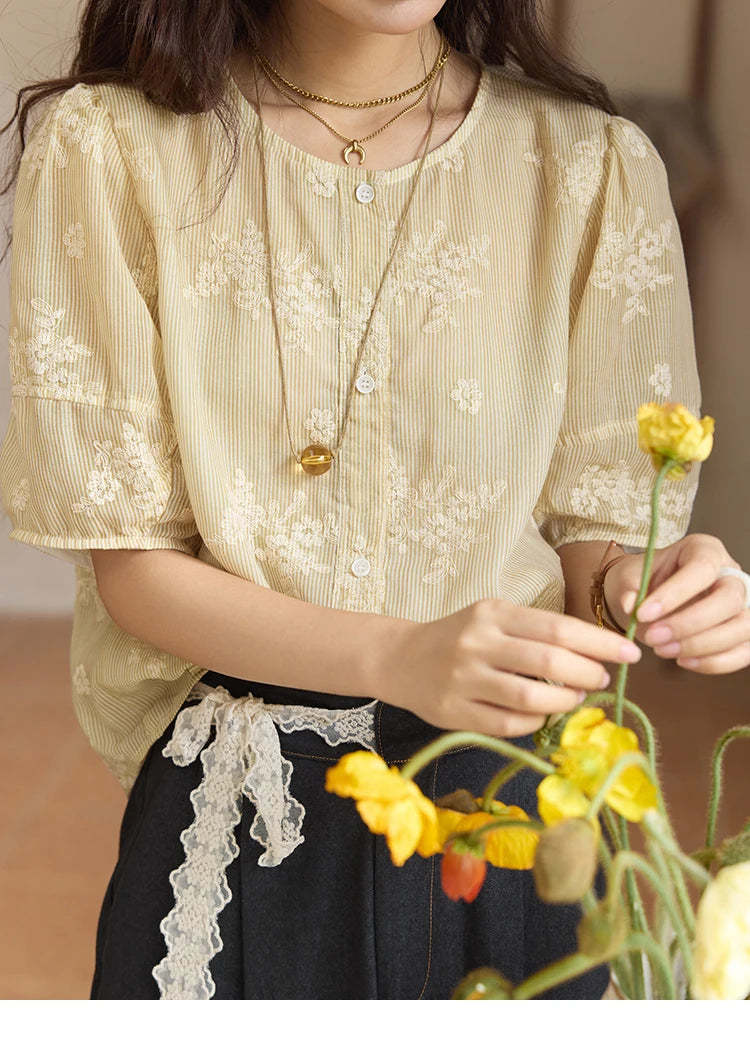 MISHOW French Retro Embroidered Floral Blouse for Women Summer 2025 Round Neck Single Breasted Top Puff Sleeve Blouse MXE36X1874