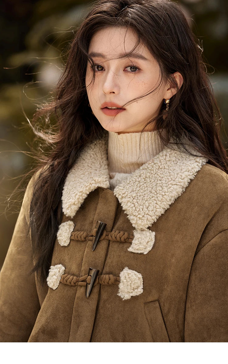 MISHOW Vintage Coats Midi Skirts Separately Brown Suede Plush Jacket Bull Horn Buckle Spliced Design Thick Warm Top MXD36W0500