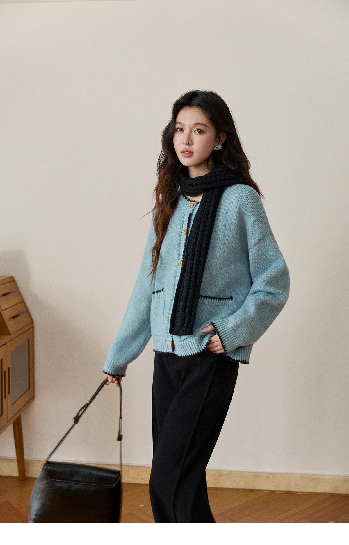 MISHOW Women's Yellow Knitted Cardigan 2025 Autumn Winter Color Collision Edge Sweater Pockets Loose Warm Casual Tops MXE94Z2973