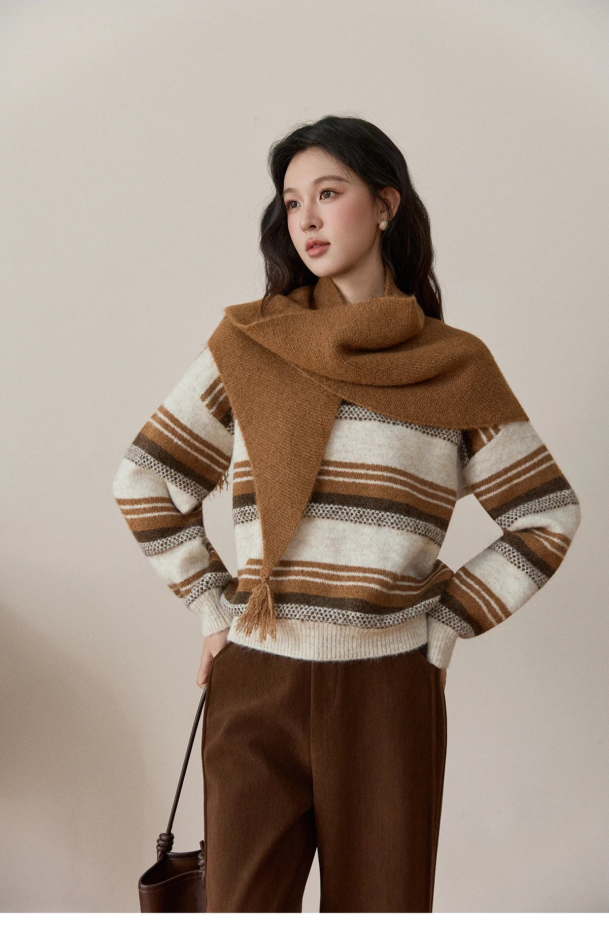 MISHOW Women's Wool Blend Retro Striped Sweater with Scarf Set 2025 Winter Knitted Round Neck Warm Loose Sweaters MXE94Z2987