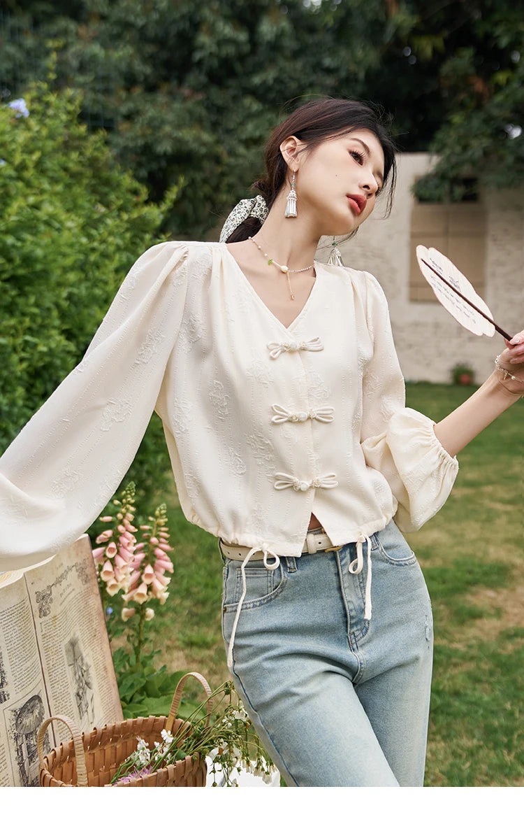 MISHOW Chinese Button Up Single Row Shirt for Women 2024 Spring Jacquard Hem Drawstring Puff Sleeve Solid Loose Top MXD14X1386