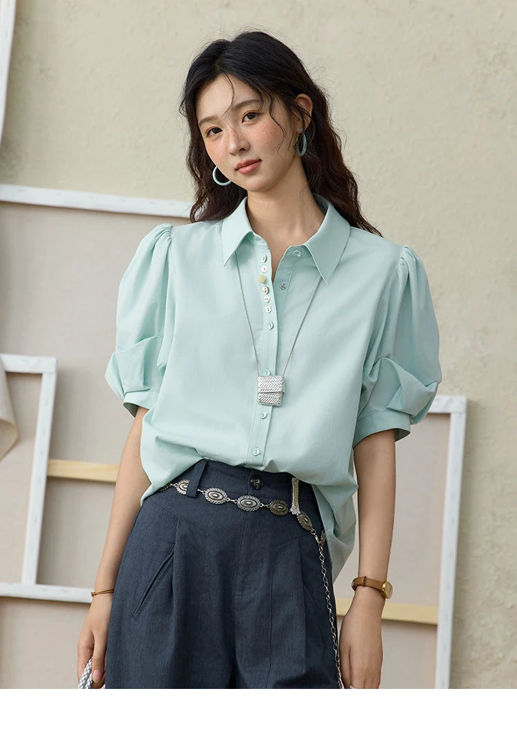 MISHOW Light Green Bubble Sleeve Shirt for Women Summer 2025 Lapel Collar Irregular Button Shirts Cotton Commuter Top MXE34C0788