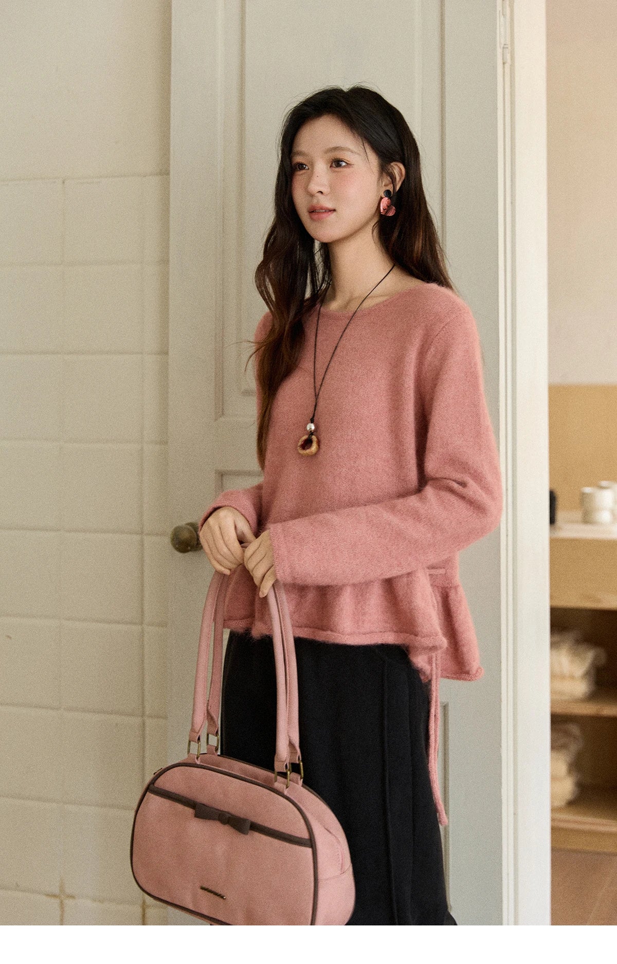 MISHOW Women's Pink Sweater 2025 Winter French Style Round Neck Knit Top Ruffled Hem with Drawstring Belt Pullover MXE90Z2824