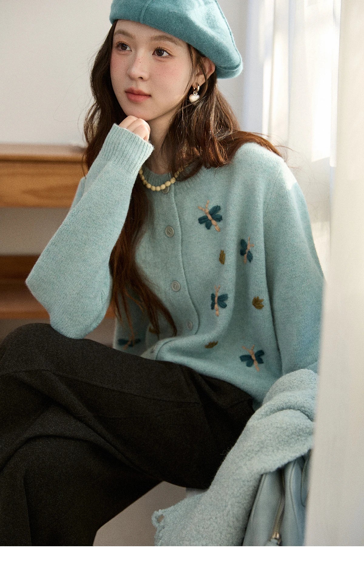 Mishow Blue Butterfly Embroidered O-Neck Cardigan MXE90Z2818
