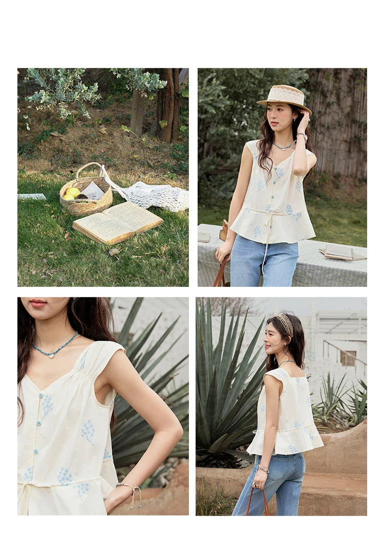 MISHOW Print Sleeveless V-Neck Blouse Blue Flower Cotton MXE32X1777