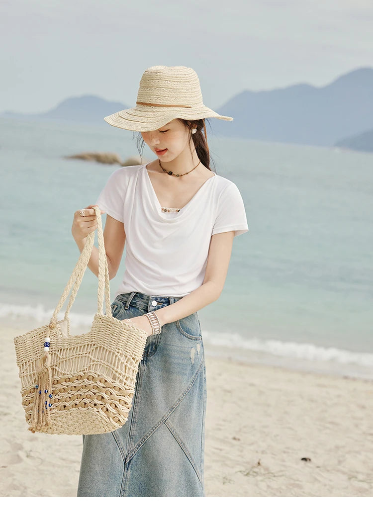 MISHOW Casual Summer Shirts Women 2025 Fashion Short Sleeve Swing Collar Solid T-shirt Female Slim Shell Ribbon Tops MXE33T0524