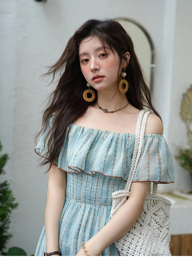 MISHOW Women's Fashion Slash Neck Chiffon Dress 2025 Ladies Elegant Vacation Striped French Dresses Female Clothing MXE39L2380