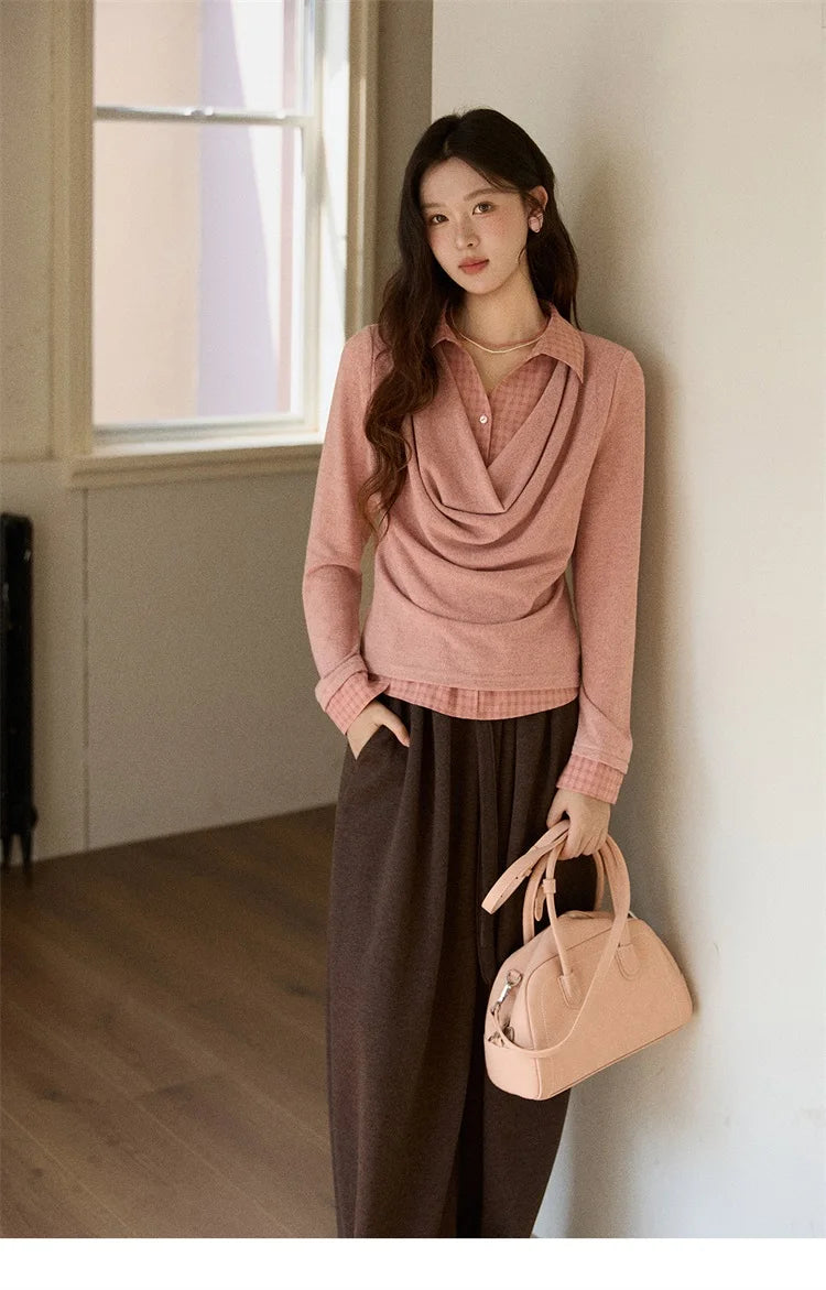 MISHOW Women Knit Top 2025 Winter Faux Two-piece Pullovers Retro Plaid Patchwork Draped Collar Luxury Design Pink Top MXE87Z2747