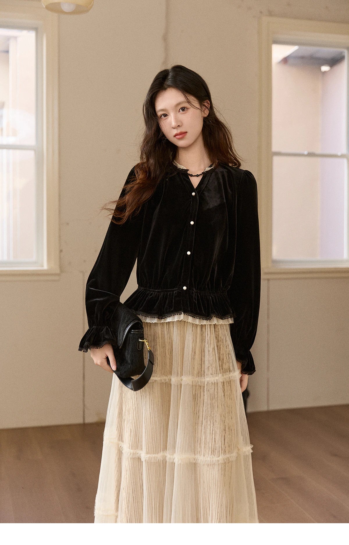 MISHOW Women's Black Velvet Shirts 2025 Winter Retro Splicing Lace Tops Ruffle Hem Pearl Button Puff Sleeve Shirt MXE94X2516