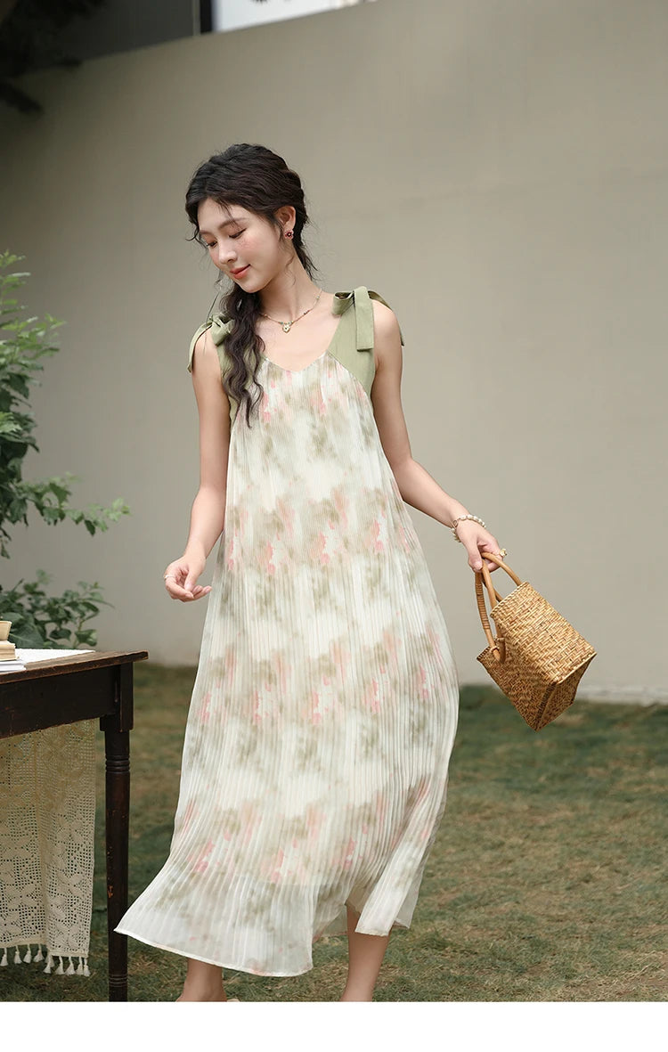 MISHOW French Lazy Suspender Floral Chiffon Dress 2024 Summer Fairy Seaside Vacation Dress V Neck A-LINE Dresses MXD28L1862